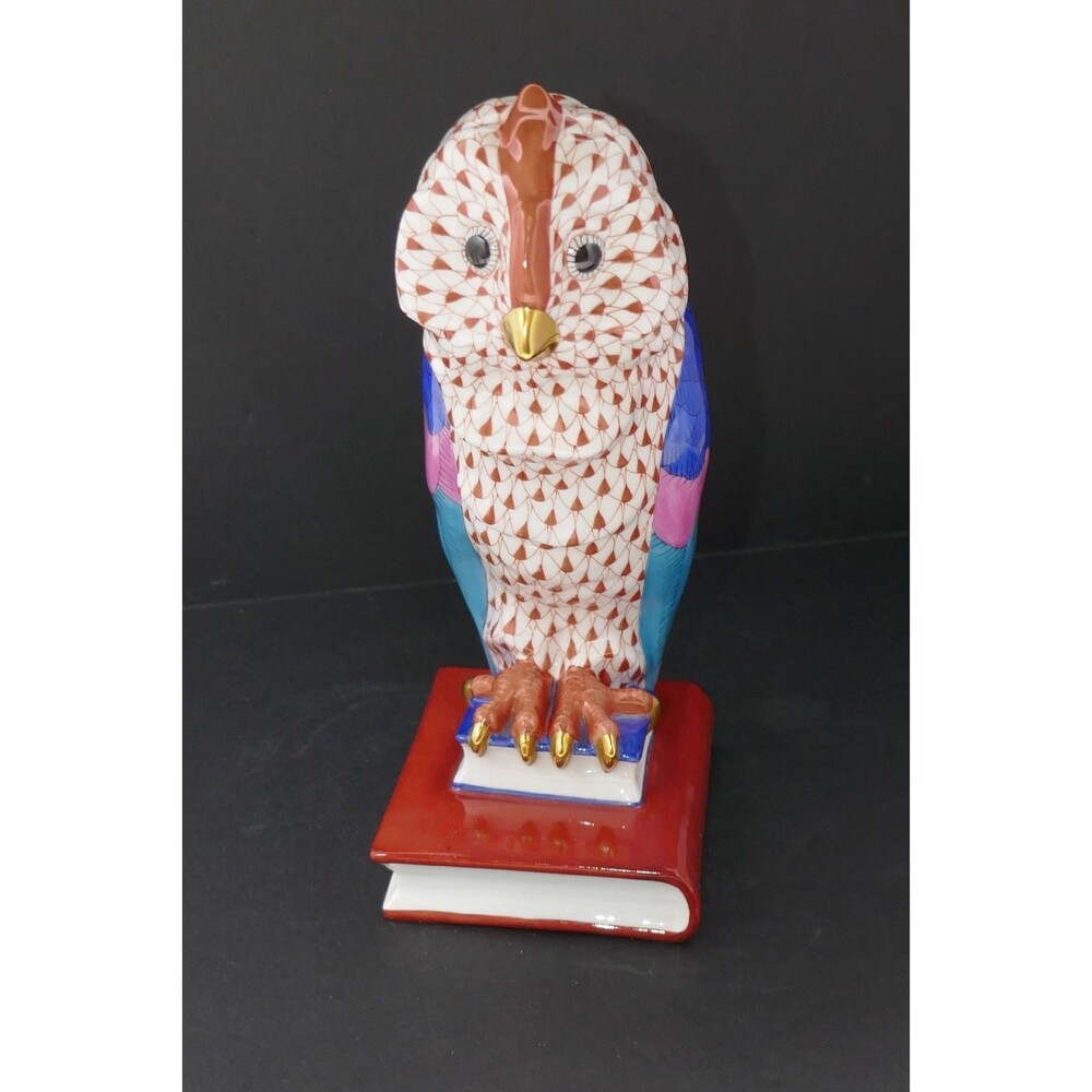 Herend Fishnet Owl on Books Medium Handpainted Porcelain Figurine 5104 Hungary - Picture 10 of 15